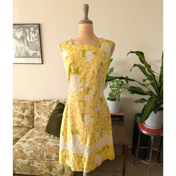Dash About Dress VTG 60s Women's Yellow Cotton Rayon Floral A Line Mod Size 14 - Picture 1 of 11